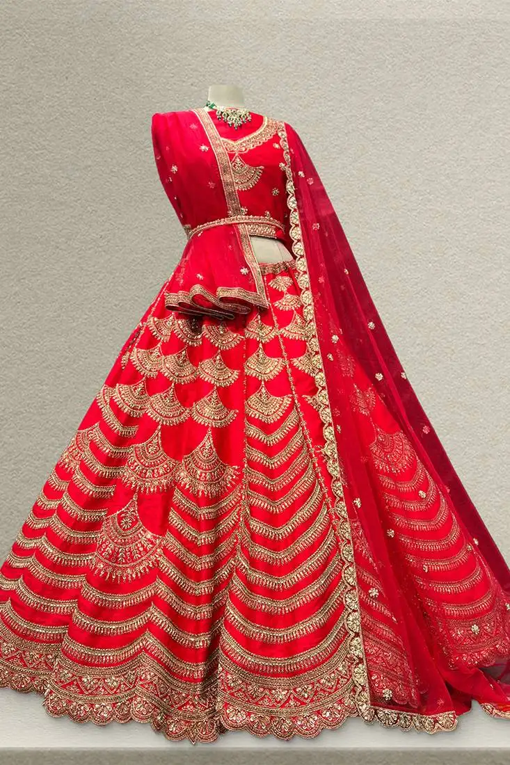 Royal red raw silk bridal lehenga with unstitched blouse
