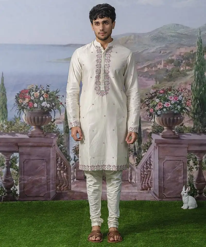 White embroidered chanderi silk kurta pajama