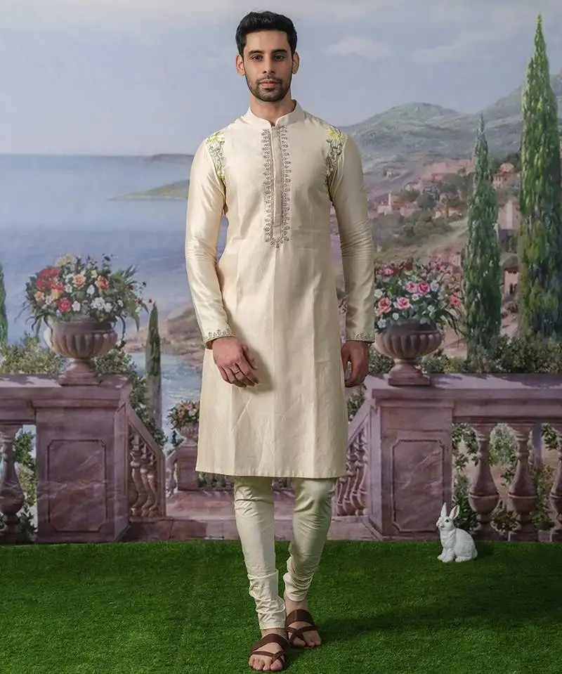 Off white embroidered chanderi silk kurta pajama