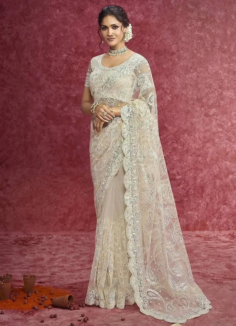 Off-white sequin embroidery saree subtle & timeless