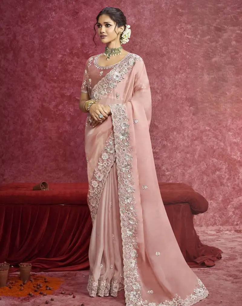 Peach sequin embroidery saree soft, feminine elegance