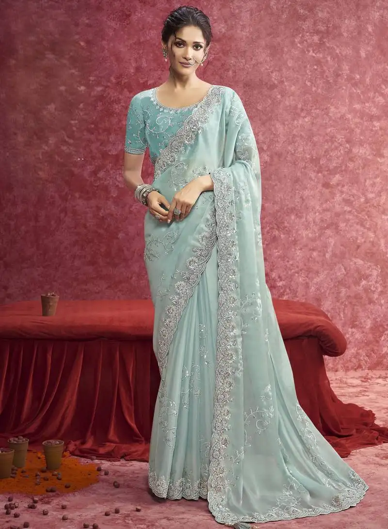 Sky-blue sequin embroidery saree   fresh & graceful