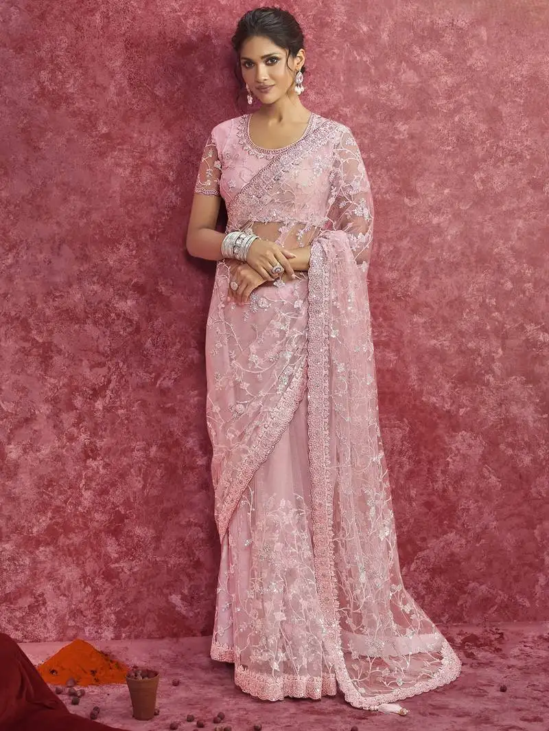 Pink net sequin embroidery saree classic celebration shade
