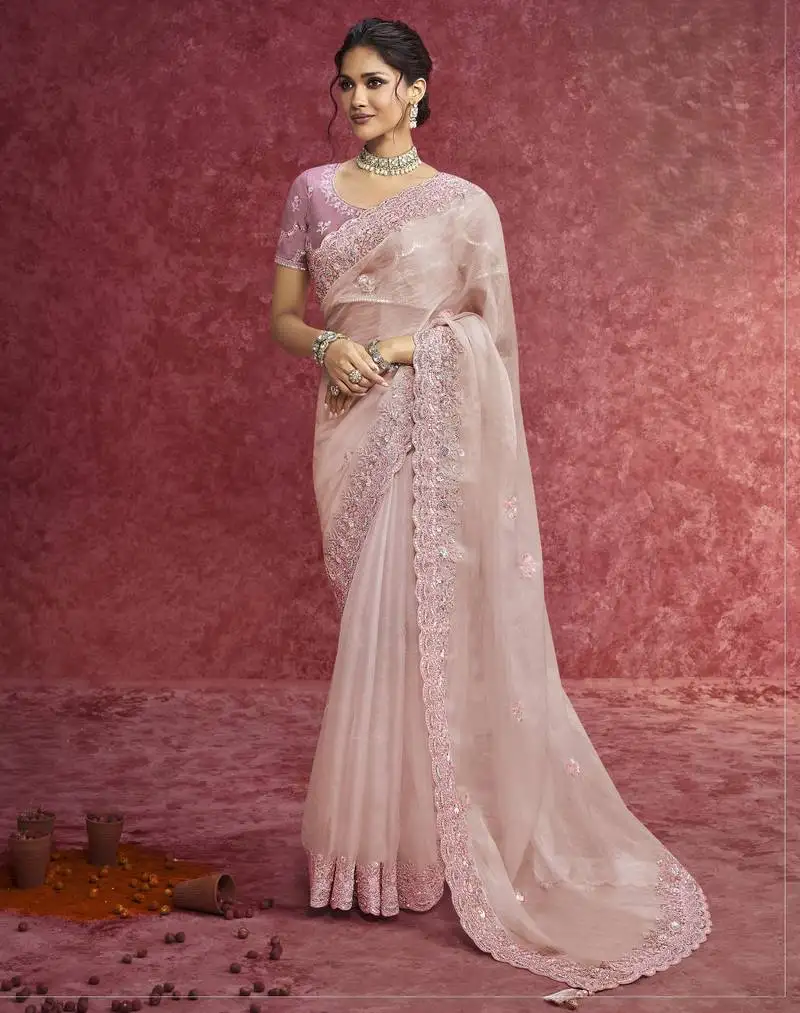 Pink sequin embroidery saree classic celebration shade