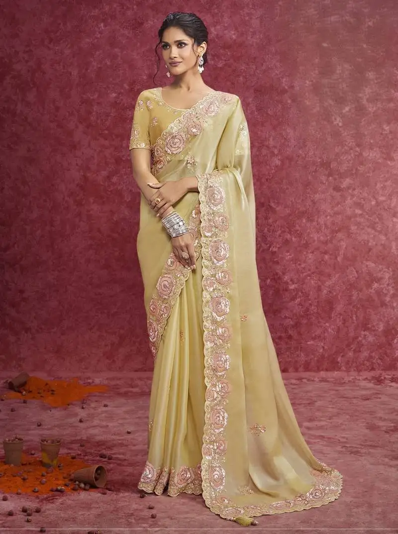 Yellow sequin embroidery saree vibrant festive glow