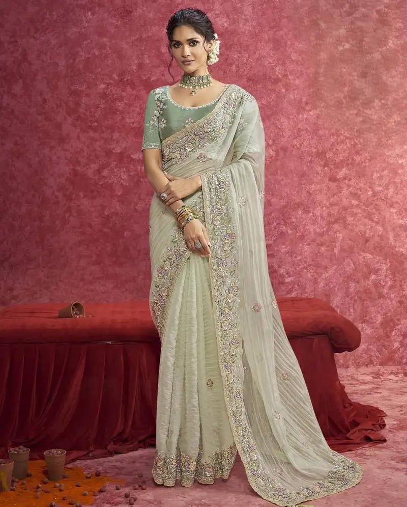 Light-green sequin embroidery saree refreshing & unique