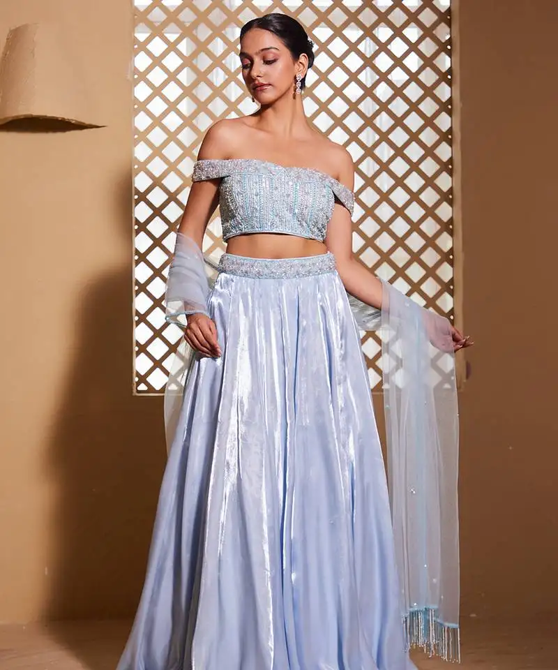 Blue plain organza lehenga