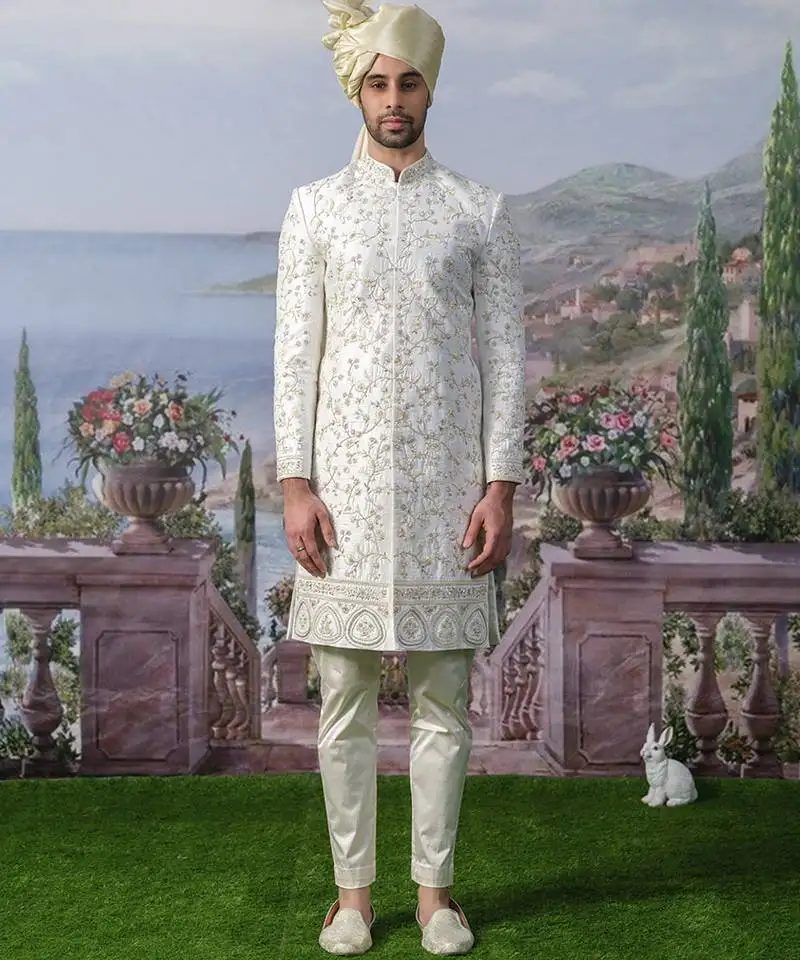 White embroidered chanderi silk sherwani