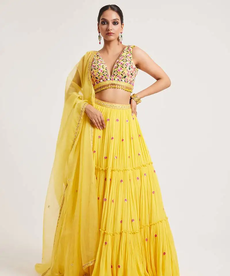 Mustard yellow embroidered georgette lehenga