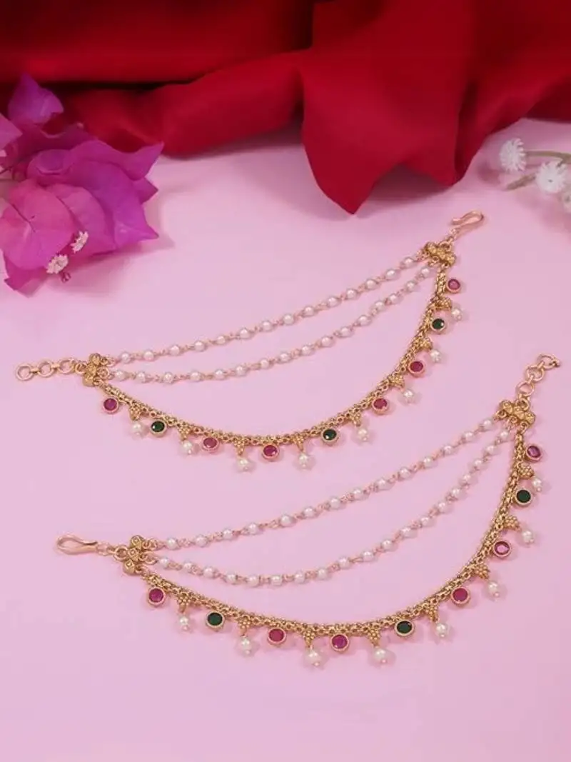 Traditional pearl layered hair chain::Ear chain accessories with hook for women