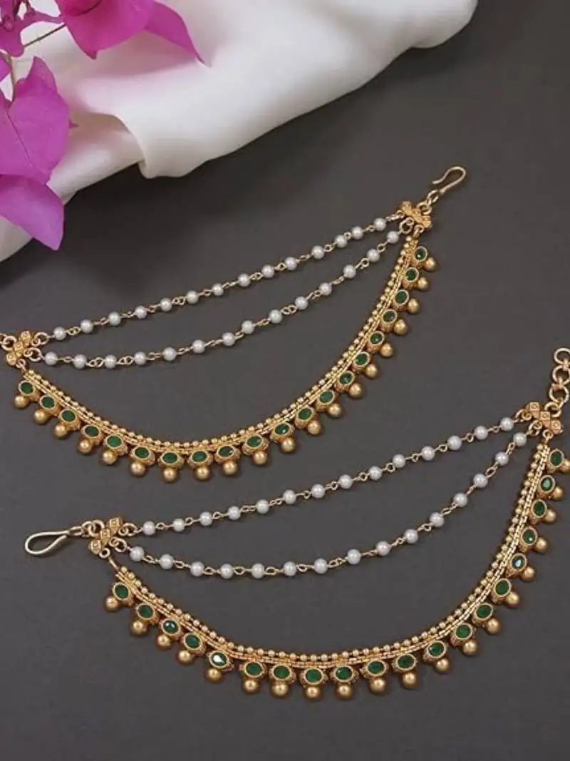Traditional kundan & pearl hair chain::Ear chain accessories with hook for women