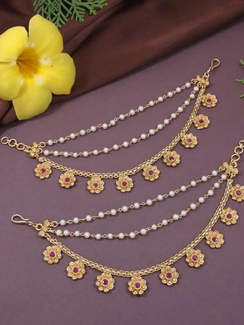 Traditional flower pearl layered hair chain::Ear chain accessories with hook for women