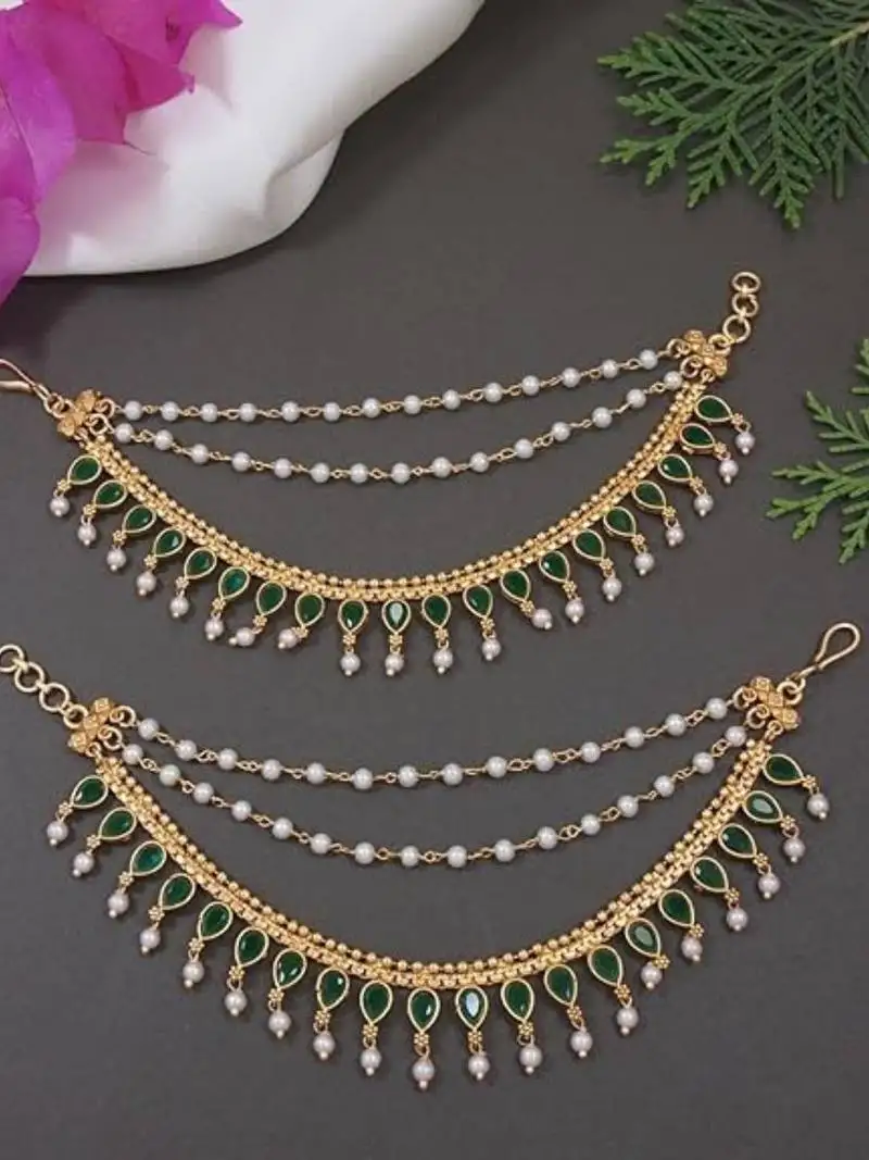 Traditional kundan & pearl drop hair chain::Ear chain accessories with hook for women