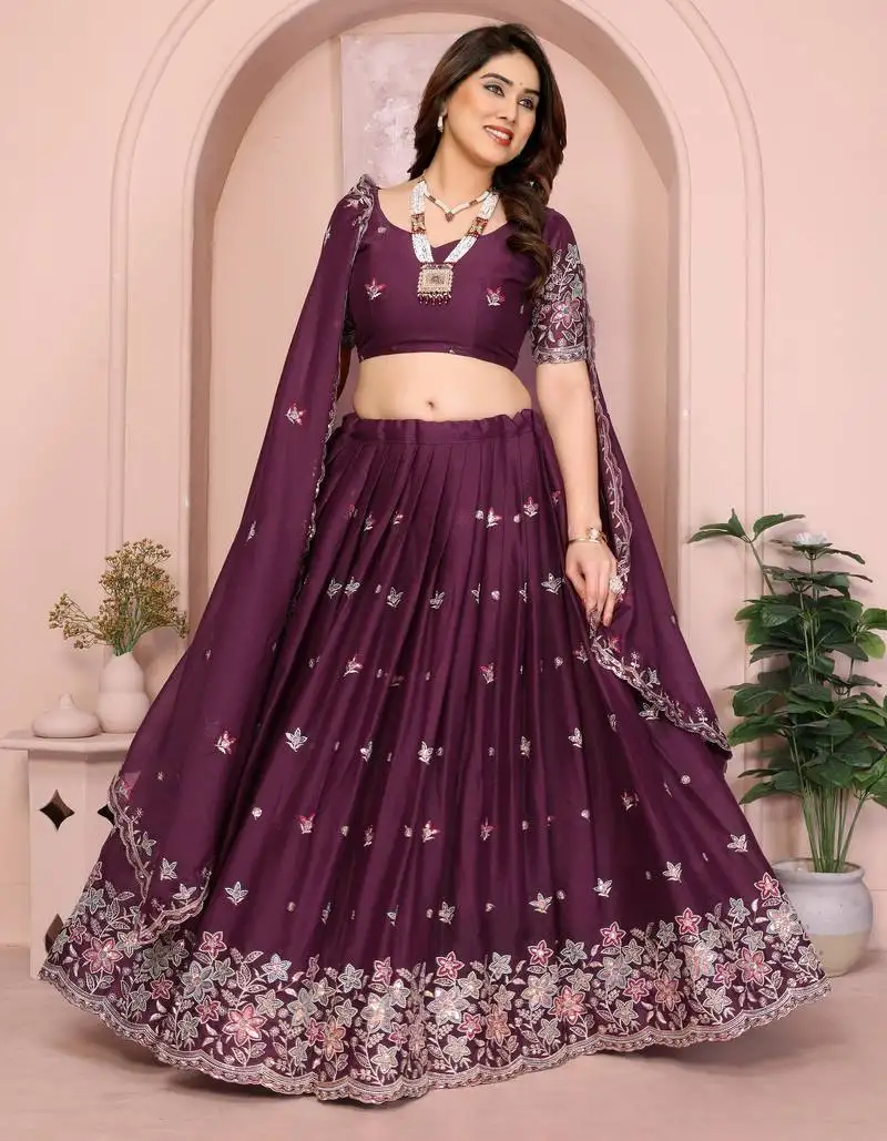 Graceful purple thread with sequins work star georgette indian wedding lehenga choli dress