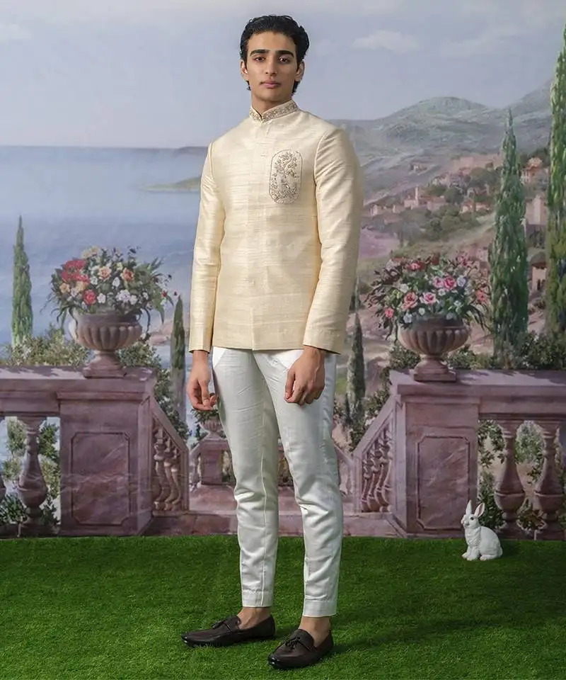 Beige embroidered chanderi silk bandhgala suit