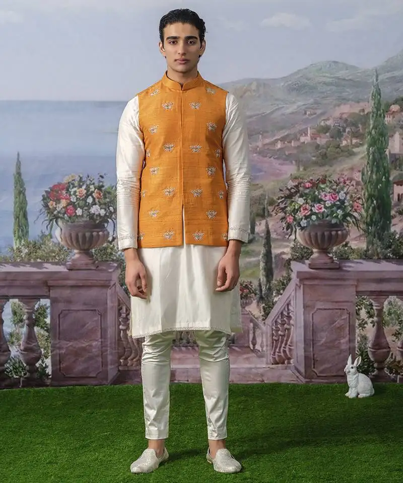 White plain chanderi silk kurta pajama with orange nehru jacket