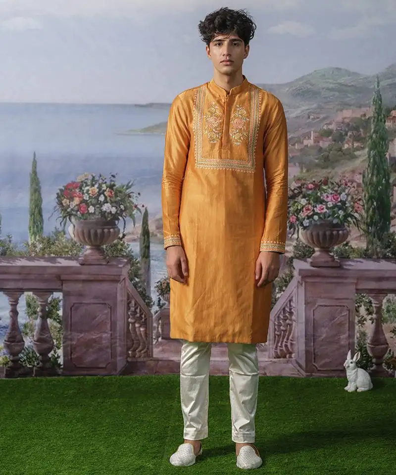Orange embroidered chanderi silk kurta pajama