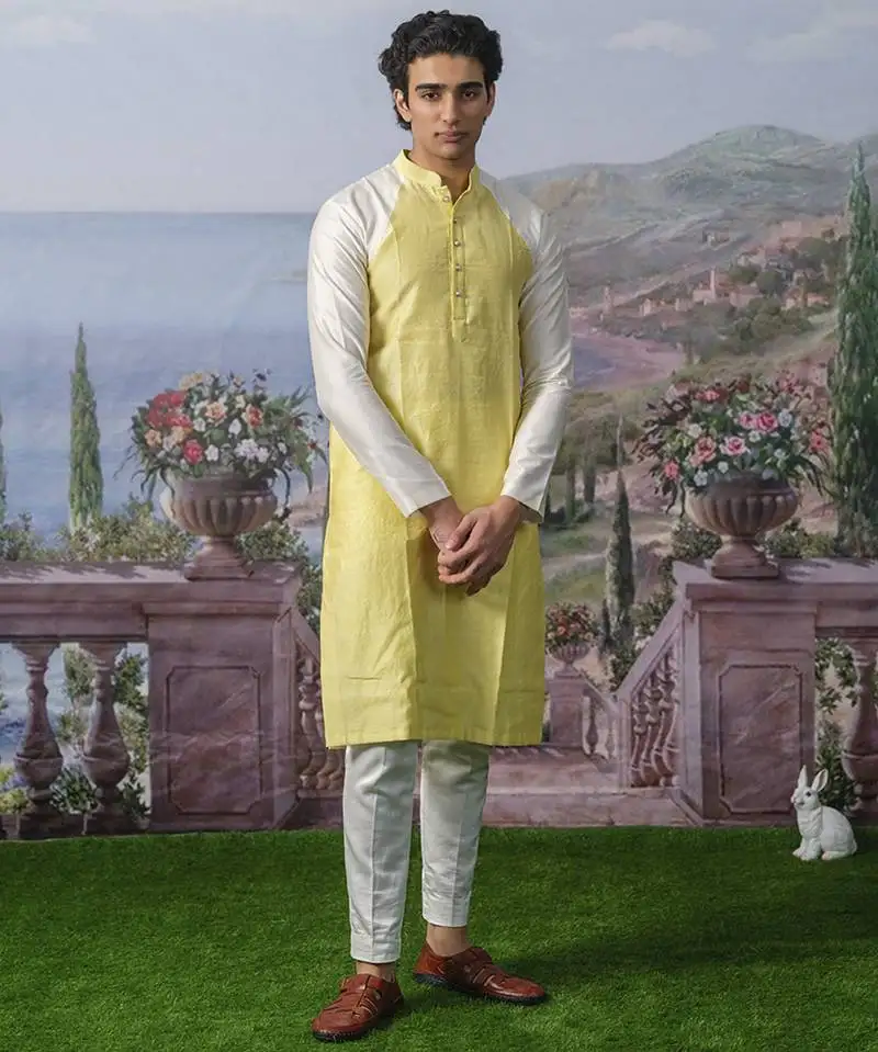 Yellow plain chanderi silk kurta pajama