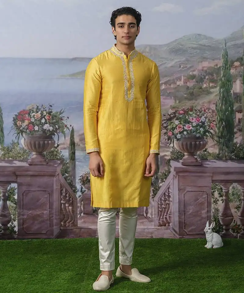 Yellow embroidered chanderi silk kurta pajama
