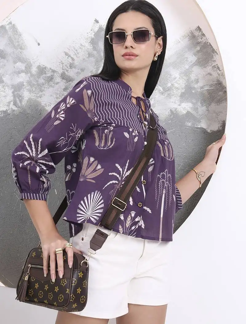 Purple cotton three quarter puffed sleeves top