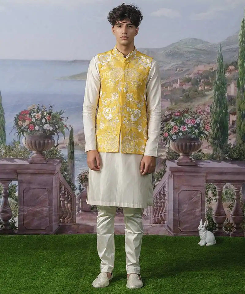 Yellow embroidered chanderi silk nehru jacket set