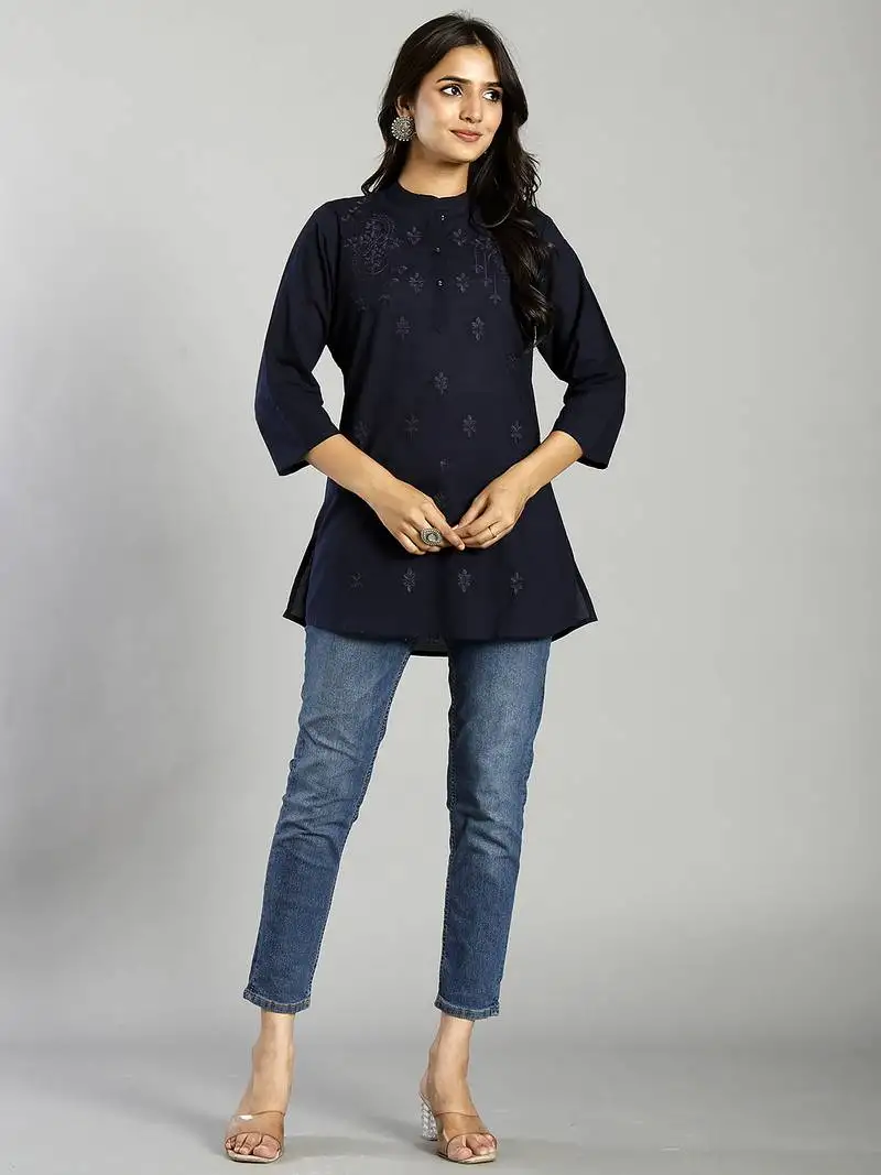 Navy blue regular style top design embroidered