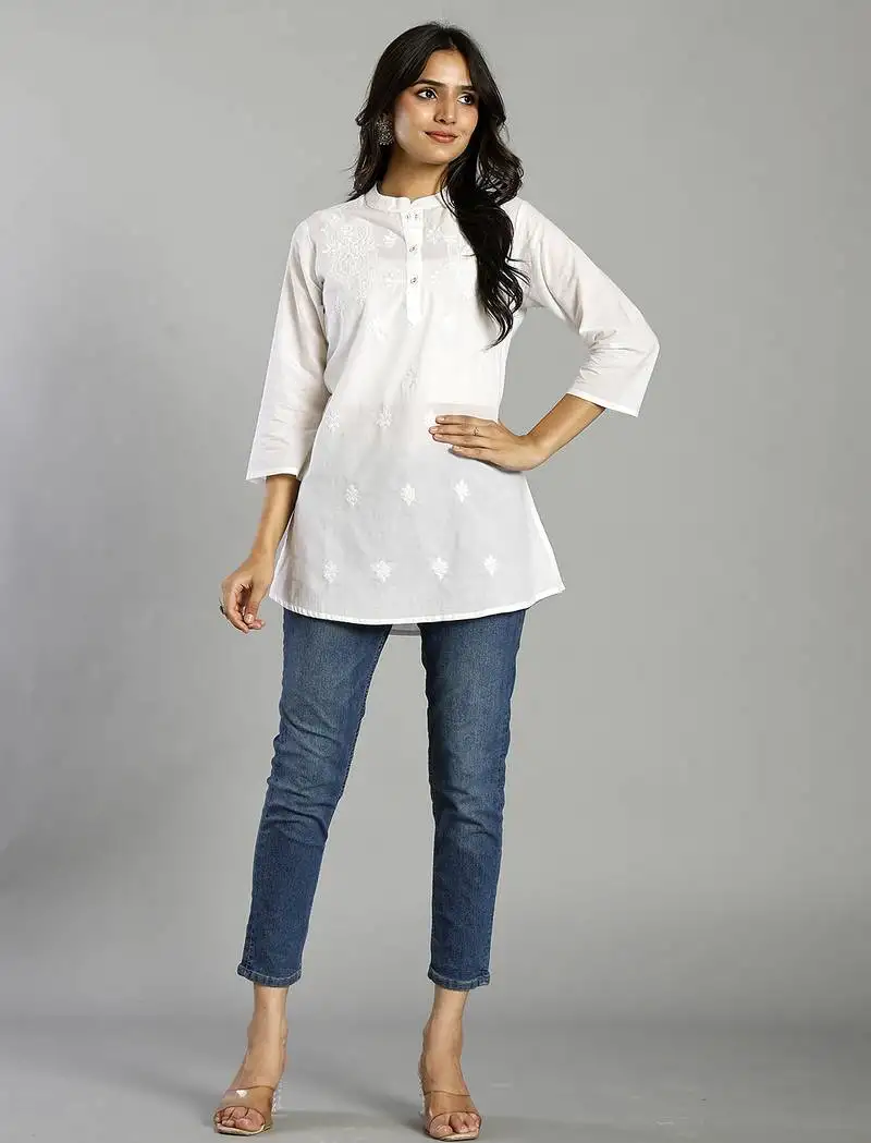 White regular style top design embroidered