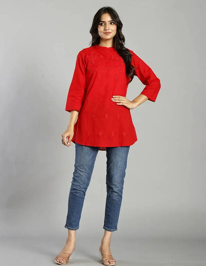 Red regular style top design embroidered