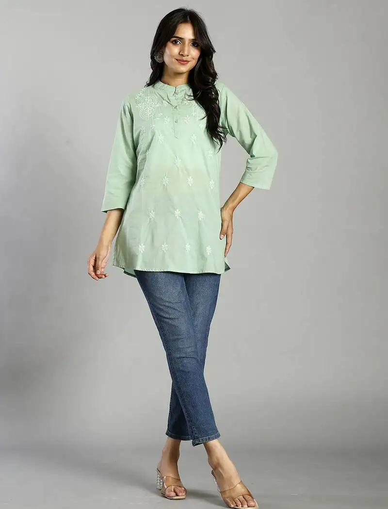 Sea green regular style top design embroidered