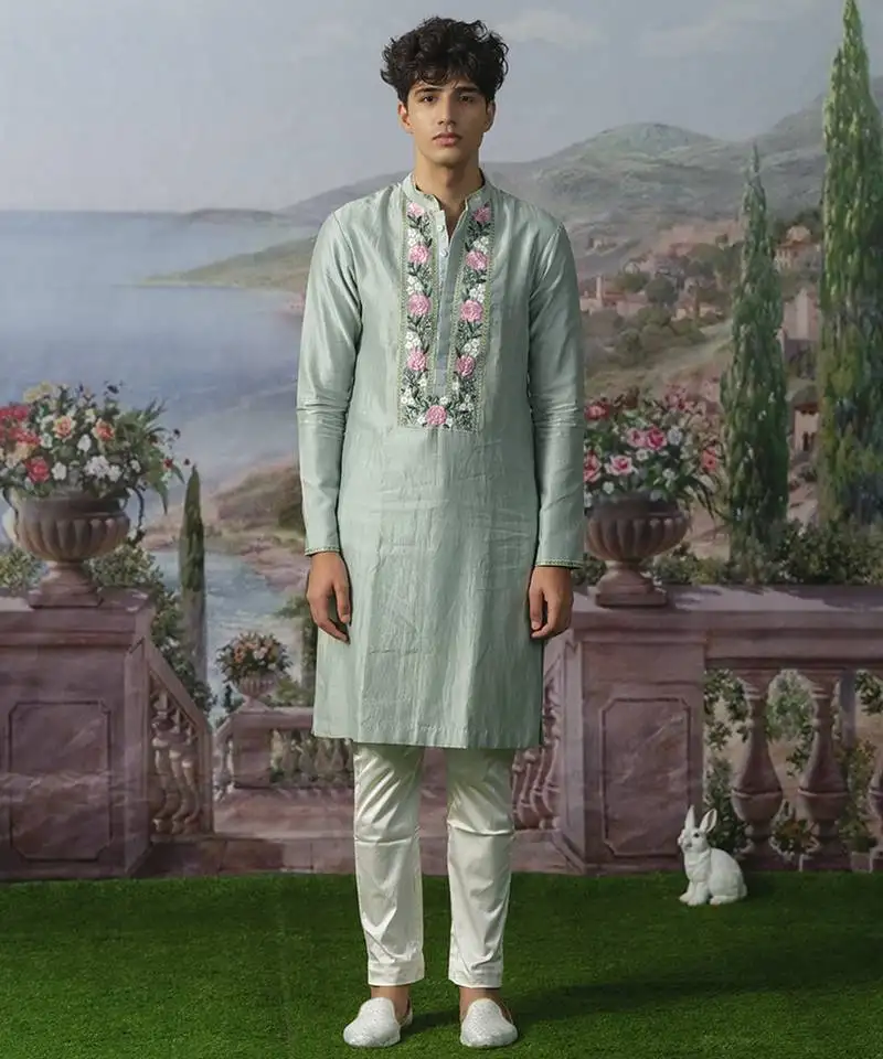 Green embroidered chanderi silk kurta pajama