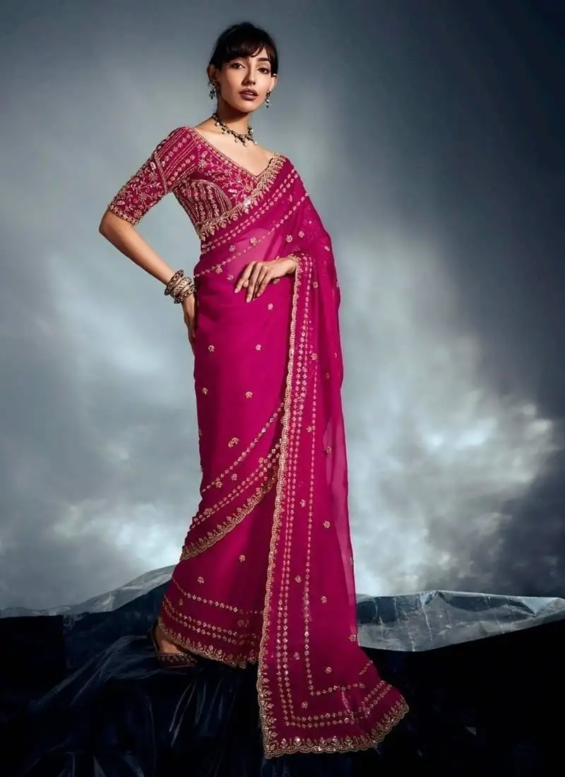 Rani pink tissue heavy sequince & khatli work cut dana border with heavy designer blouse party wear saree