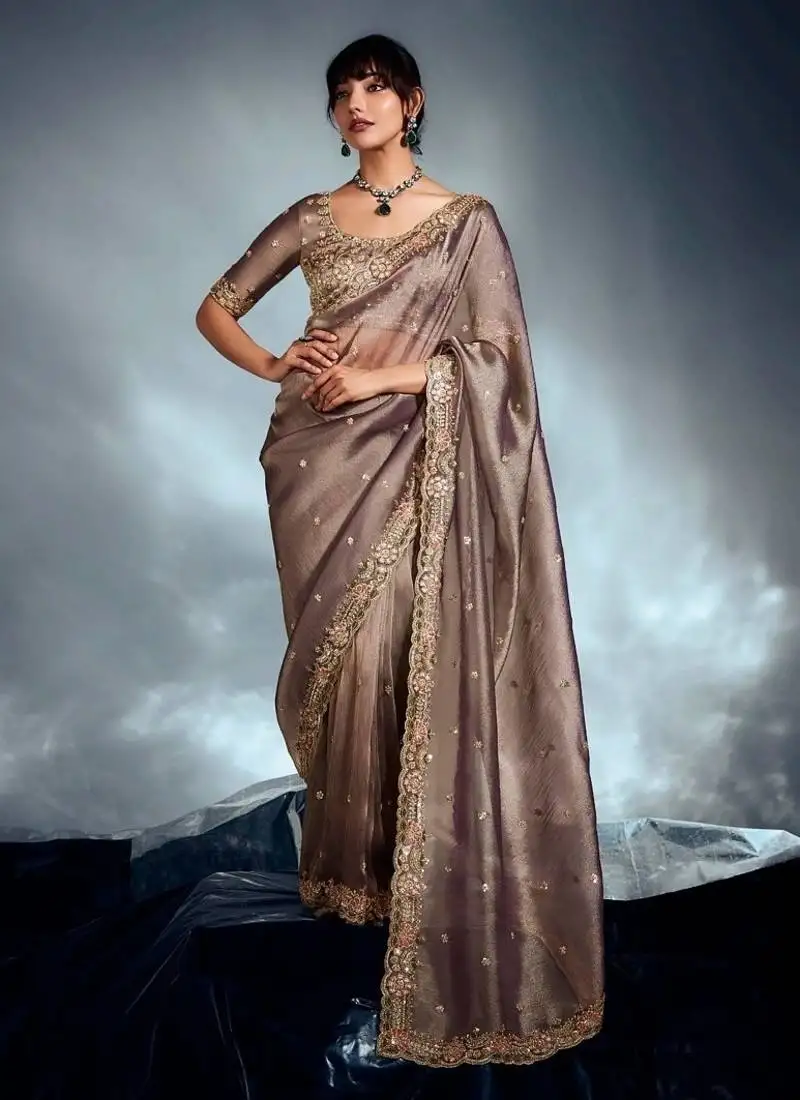 Beige tissue heavy sequince & khatli work cut dana border with heavy designer blouse party wear saree