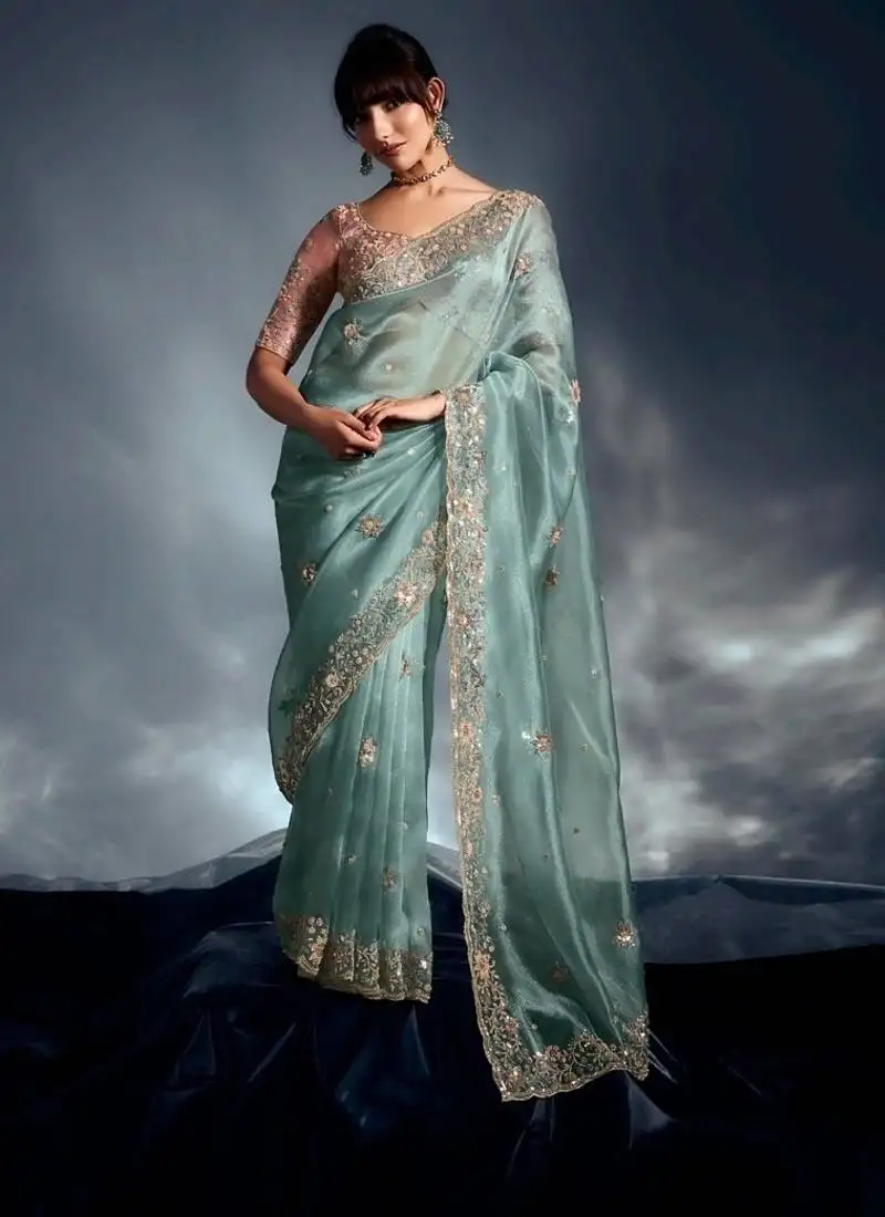Sky blue tissue heavy sequince & khatli work cut dana border with heavy designer blouse party wear saree