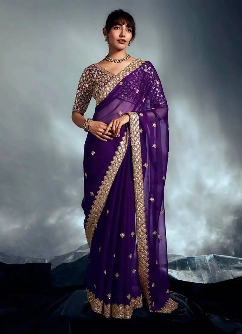 Purple tissue heavy sequince & khatli work cut dana border with heavy designer blouse party wear saree