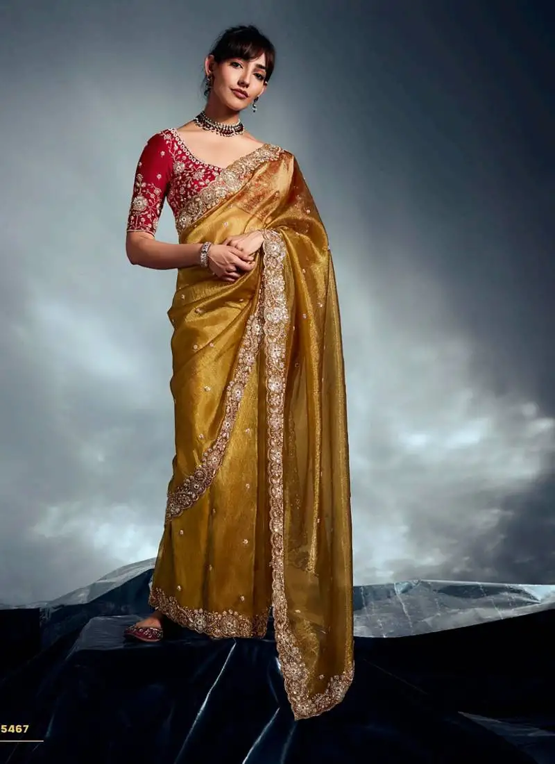 Mustard tissue heavy sequince & khatli work cut dana border with heavy designer blouse party wear saree