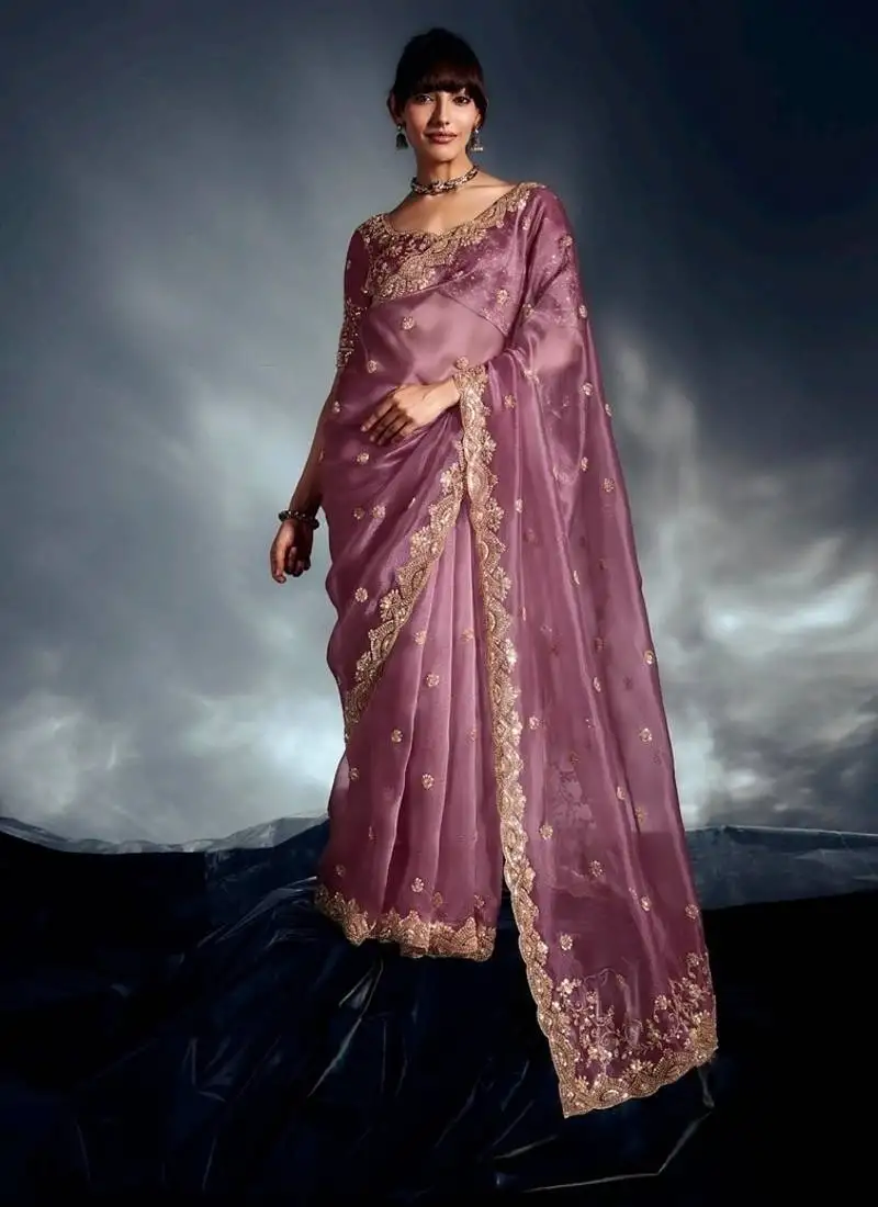Onion pink tissue heavy sequince & khatli work cut dana border with heavy designer blouse party wear saree