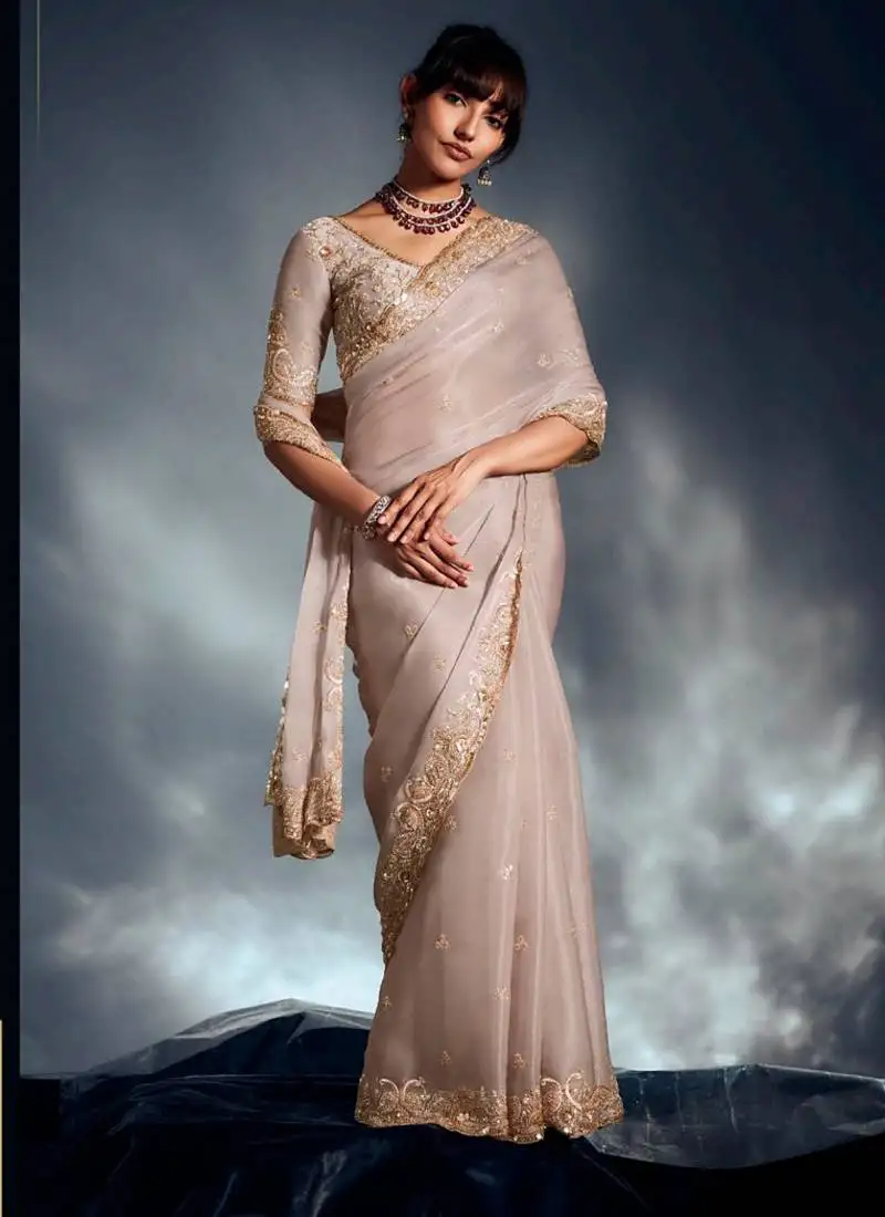 Off-white tissue heavy sequince & khatli work cut dana border with heavy designer blouse party wear saree