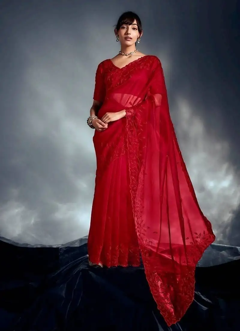 Red tissue heavy moti & khatli work cut dana border with heavy designer blouse party wear saree