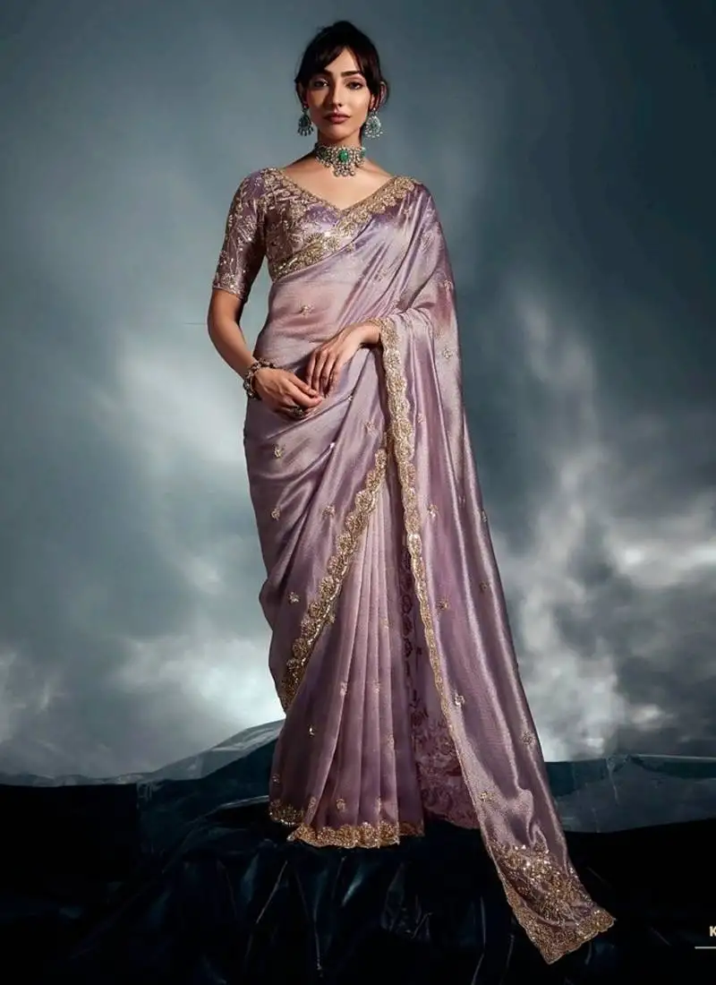 Lavender tissue heavy moti & khatli work cut dana border with heavy designer blouse party wear saree