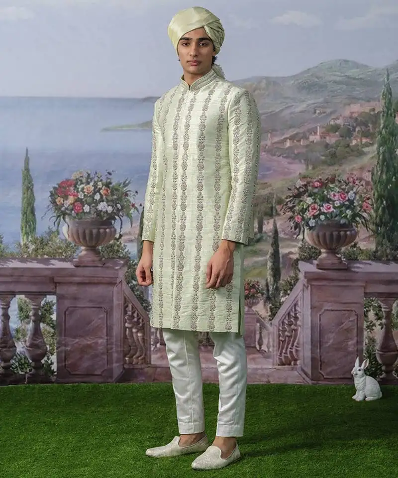Green embroidered chanderi silk sherwani