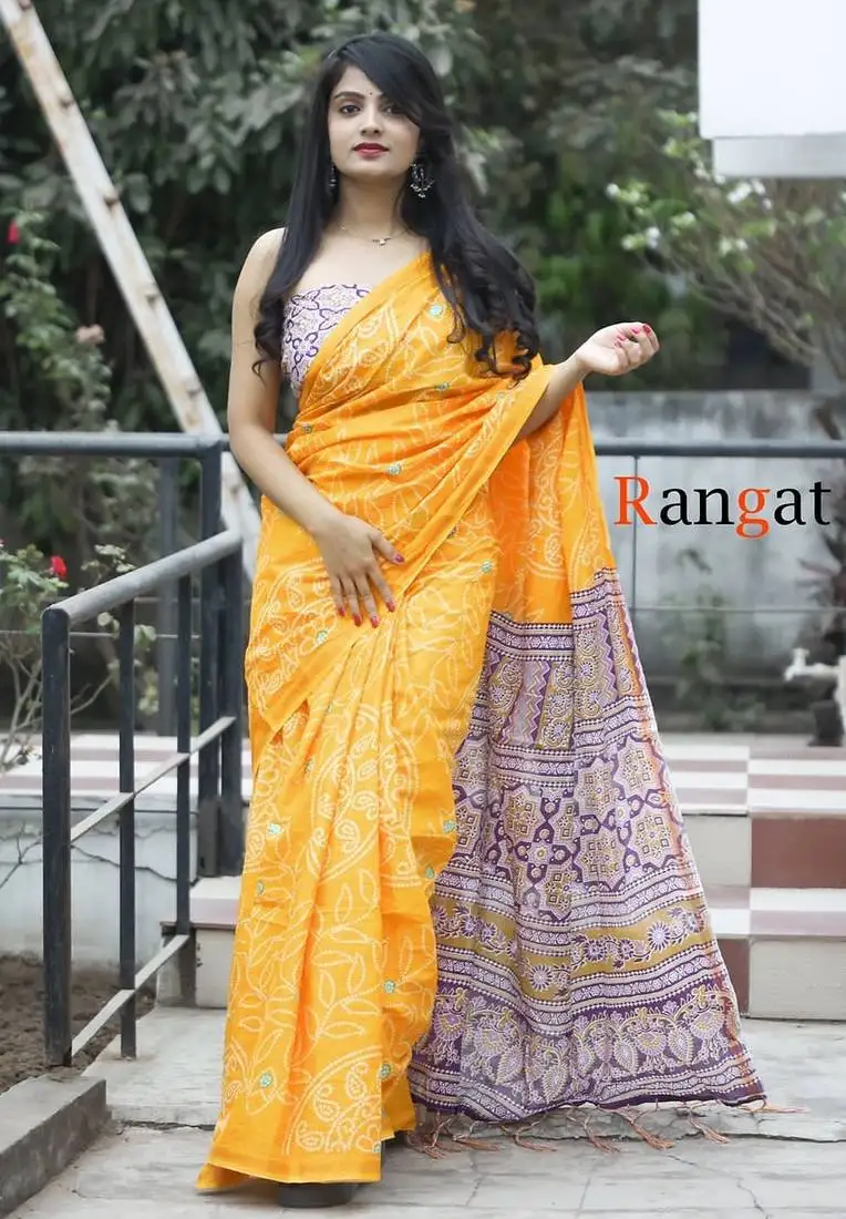 Yellow soft pure cotton printed fancy saree with blouse
