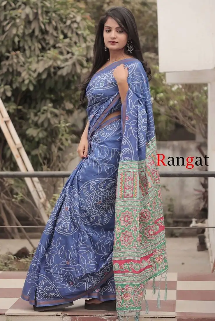 Blue soft pure cotton printed fancy saree with blouse