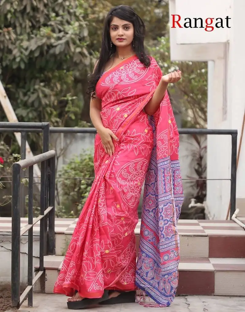 Pink soft pure cotton printed fancy saree with blouse