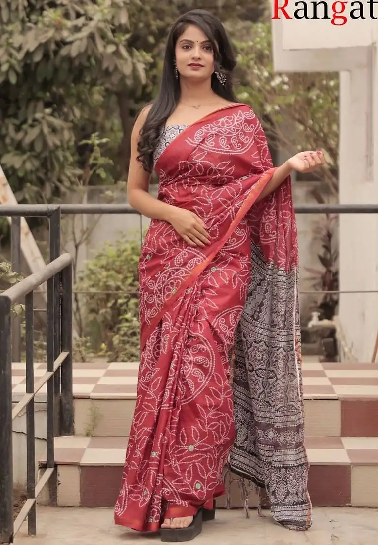 Maroon soft pure cotton printed fancy saree with blouse