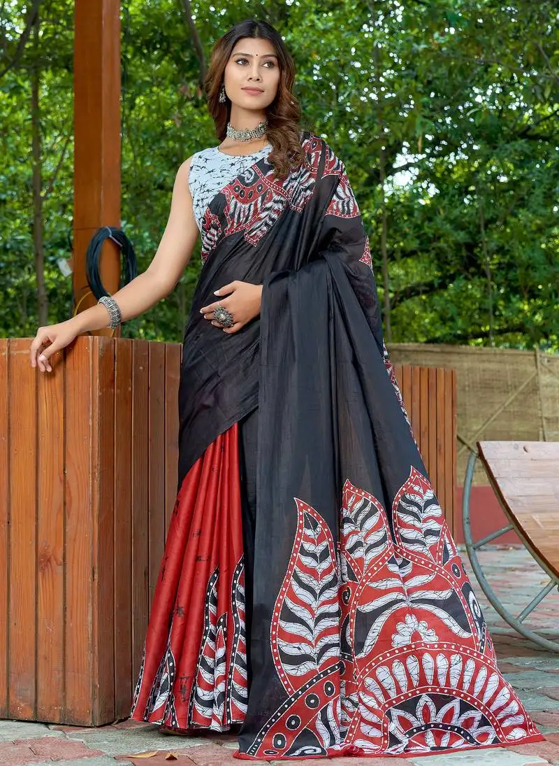 Black pure bagru fancy hand printed sarees with blouse