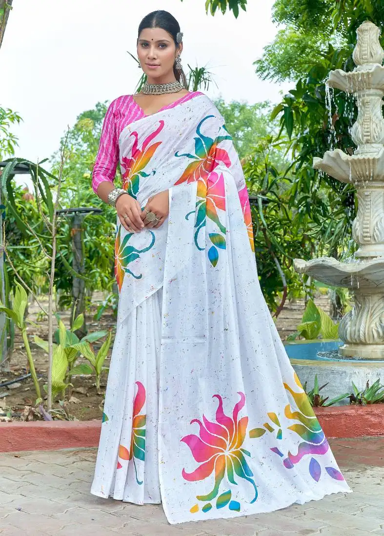 White pure bagru fancy hand printed sarees with blouse