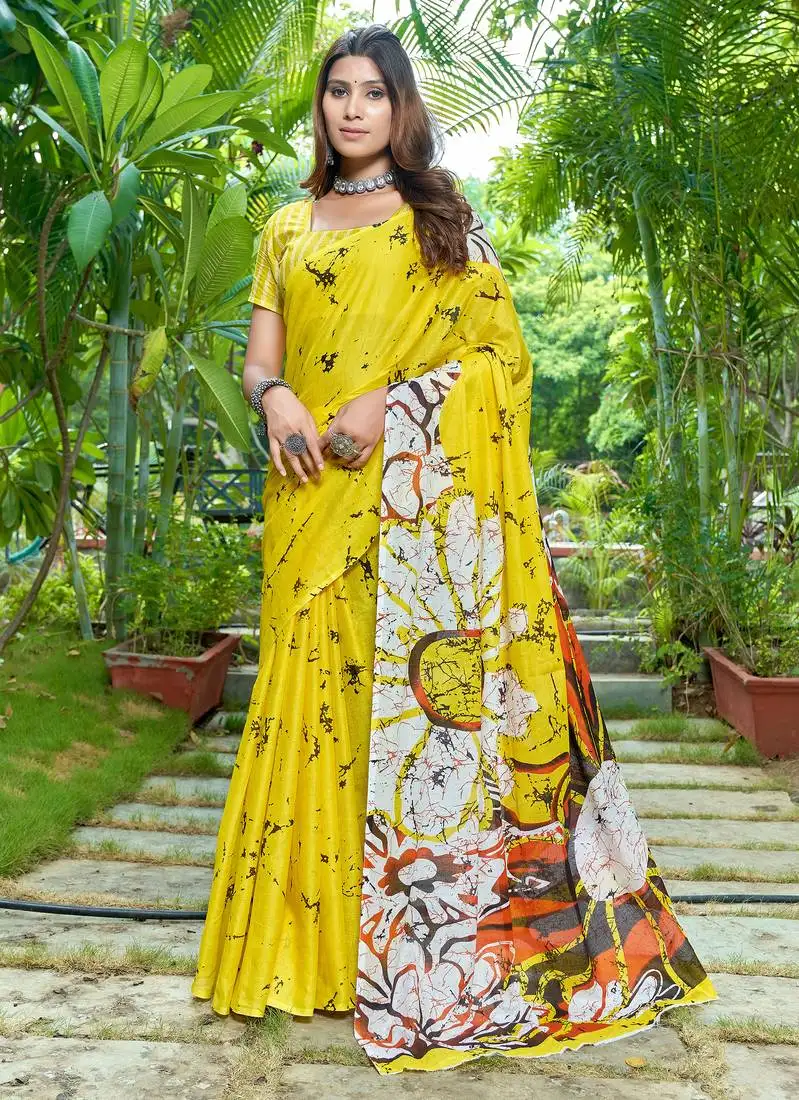 Yellow pure bagru fancy hand printed sarees with blouse