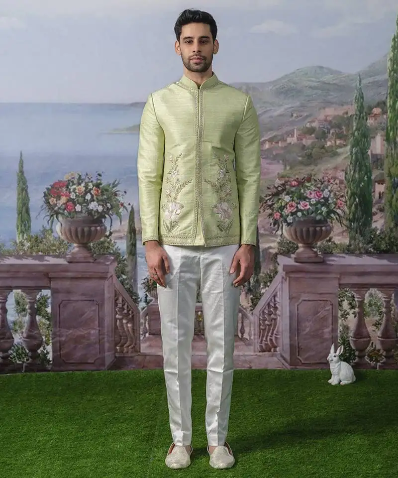 Green embroidered chanderi silk bandhgala set