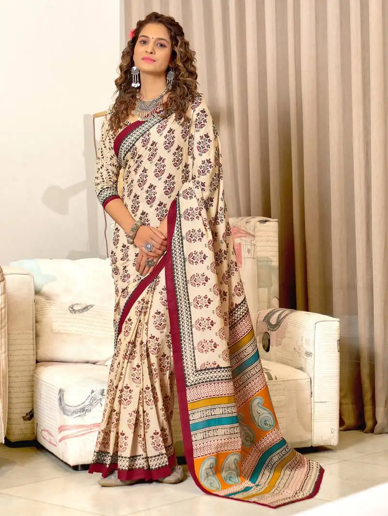 Cream mulmul cotton printed fancy saree with blouse