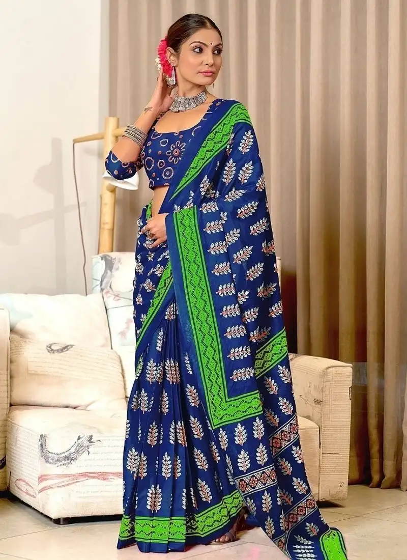 Blue mulmul cotton printed fancy saree with blouse